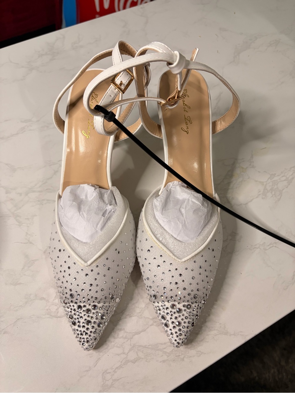 Pointed-Toe White Rhinestone Ankle-Strap Heels - Picture 2 of 8